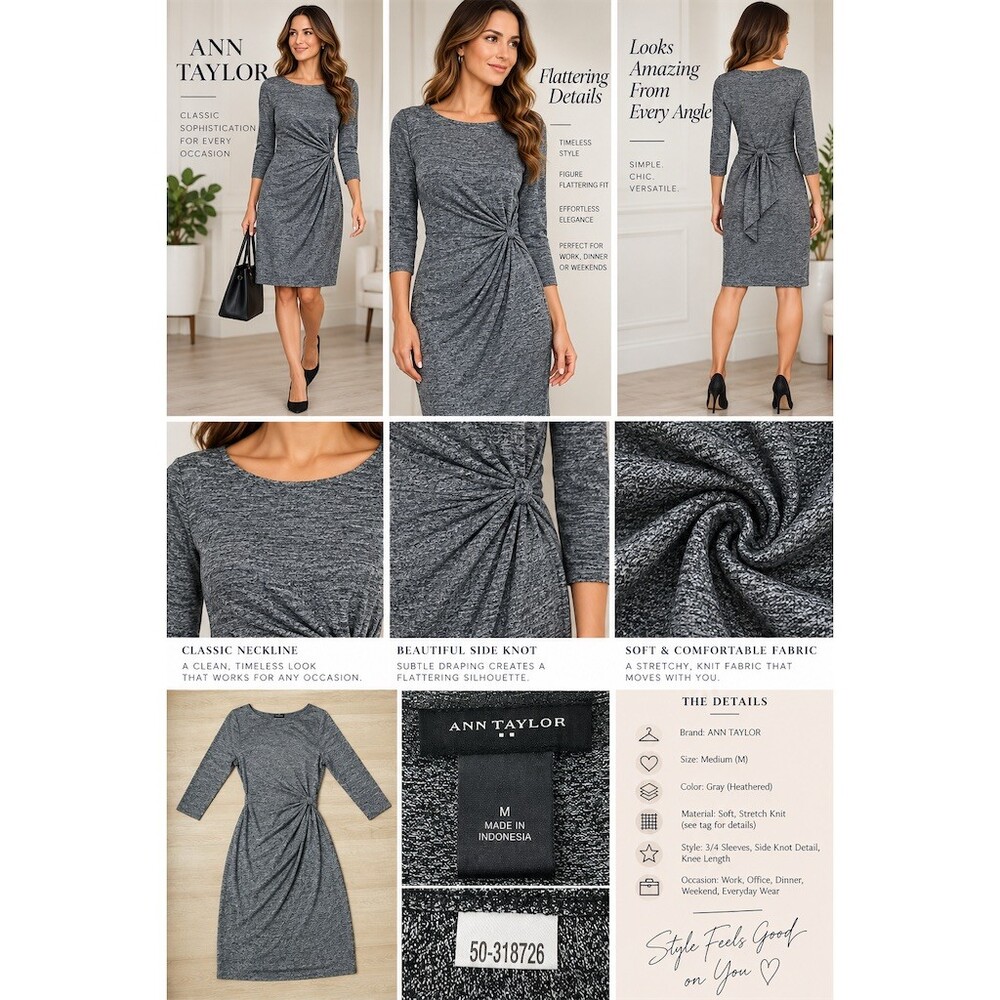 Ann Taylor Dress Womens Size M Heathered Gray Side Knot Ruched Sheath Knee